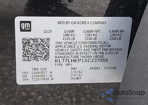 2025 Chevrolet Trax Fwd Lt из США, поврежденный, VIN KL77LHEP1SC237055